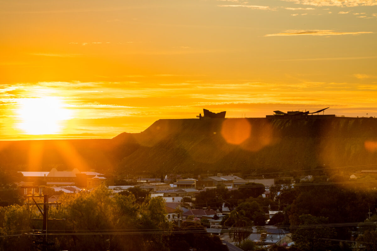 The Line of Lode Memorial overlooking Broken Hill at sunset